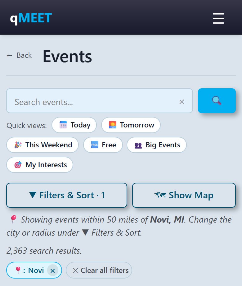 Events screen on a phone. A "Search events..." box sits above six quick-view chips — Today, Tomorrow, This Weekend, Free, Big Events, My Interests — then two wide buttons, Filters & Sort and Show Map, a note that events within 50 miles of the chosen city are shown, and the number of results.