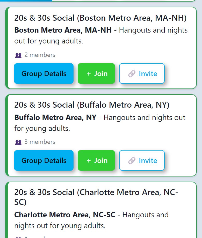Groups screen on a phone. Three group cards, each naming a metro area and a one-line description, showing a member count and three buttons: Group Details, Join, and Invite.
